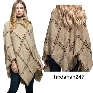 Bisquit Windowpane‎ Plaid Turtle Neck Knit Poncho